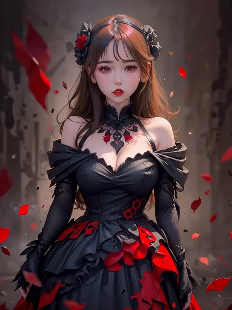 Explore the depths of darkness and passion with this striking digital artwork featuring a seductive woman adorned in a black dress, her ruby red lips a stark contrast against the bold red and black splatters that surround her.