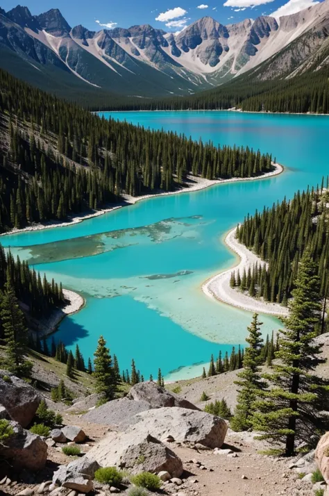 Rocky mountain wall surrounding a turquoise lake and vegetation in the background seen from above 