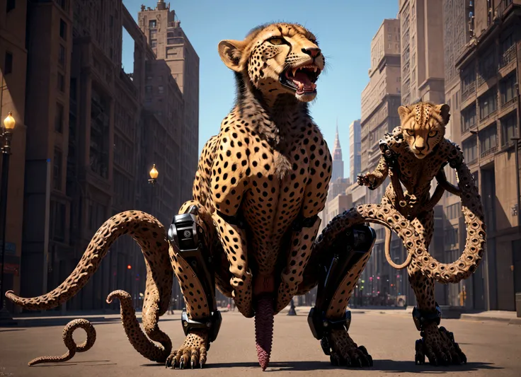 a humanoid transformer robot in cheetah mode, cheetah beast mode (curious look on face, extending many mechanical tentacle penises), restraining a startled naked woman and probing her (mouth pussy and anus) with curiosity and enthusiasm, downtown new york,...