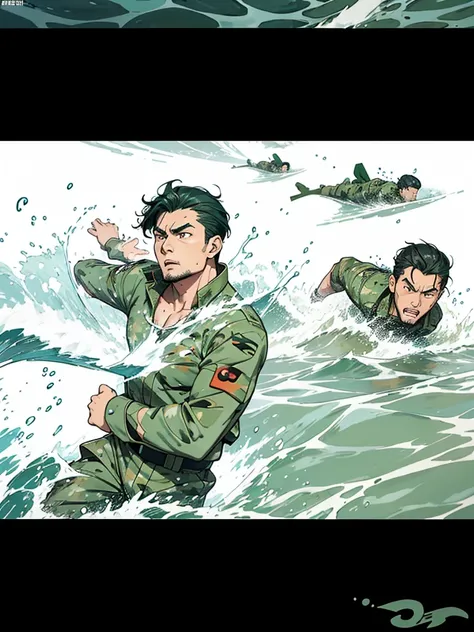 Cartoon，Soldiers，Running in the sea，Brother ，Propaganda poster，serious，A Brother Bing running by the water，Return from the Waves。Q version，Chinese style，Can have more than one character，Green camouflage uniform，Running posture。To be cartoon，Not realistic，W...