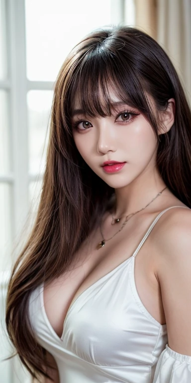 Canon RF 85mmf/1.2,masutepiece,Best Quality,超A high resolution,tu,1 girl,(Korean mixed,Kpop Idol:1.2),Solo,white_shiny_skin,Black eyes,Necklace,brown_long_Wavy_hair,Red lipstick bright_shiny_Lips,Eyelashes,Bangs,deal,make - up,shiny,Pore,skin texture,Brace...