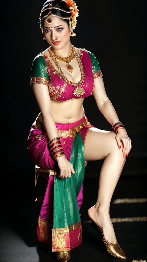 (masterpiece, best quality:1.2), 1girl, solo, indian folk dress, traditional dress , full body , big boobs , deep cleavage , nav...