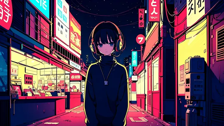 A detailed anime girl, wearing a large sweater, wearing headband headphones, lofi, tranquil, quiet vibes, chilling, night, quiet night, masterpiece, best quality、intersection、Black hair and short hair