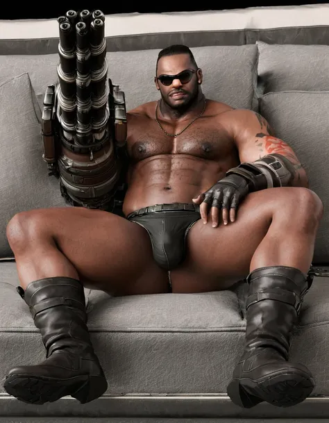 barret, dark skin male with gun arm and tattoo, sunglasses, bulk , shirtless , (nude) , full body , black boots , bulge , laying spread legs