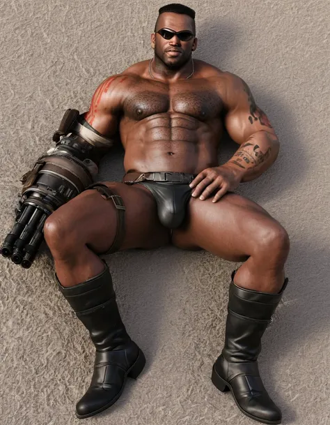 barret, dark skin male with gun arm and tattoo, sunglasses, bulk , shirtless , (nude) , full body , black boots , bulge , laying spread legs