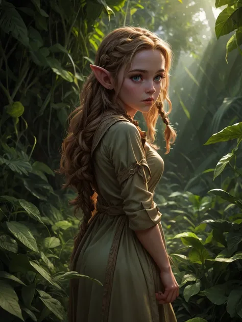 looking back elf girl portrait, curly two braid long hair, in a jungle, wearing elf dress, 8k, raw photo, best quality, masterpi...