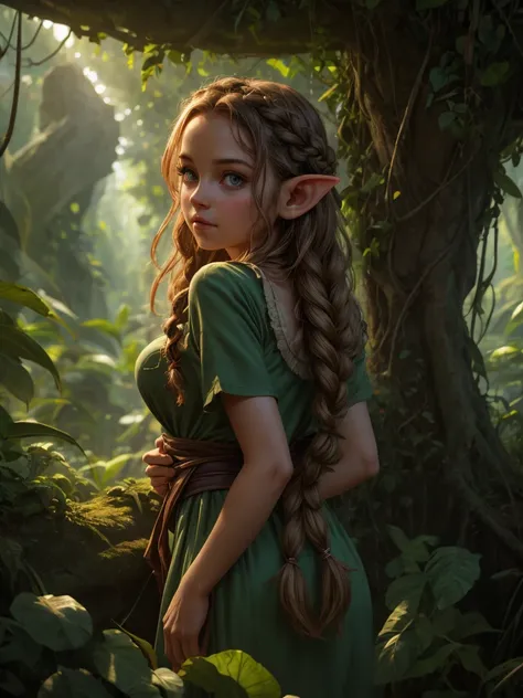 looking back elf girl portrait, curly two braid long hair, in a jungle, wearing elf dress, 8k, raw photo, best quality, masterpi...