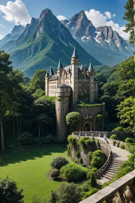 A majestic castle nestled between towering mountains and lush forests, with King Arin standing on a balcony overlooking his prosperous kingdom.