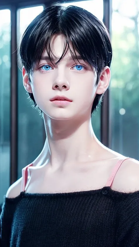 Boy with neck-length black hair, slightly wavy.
- Pale skin with a slight pink tint.
- Intense blue eyes, that shine with a supernatural touch.