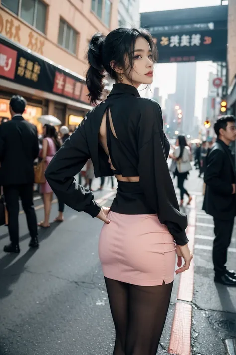 (((best quality))),(((ultra detailed))),(((masterpiece))),illustration,1girl,slim,sun-kissed skin,vibrant rose-pink cotton dress,short ponytail,pantyhose,standing, bustling city streets, honking cars,surrounded by crowded crowds, colorful advertisements,gr...