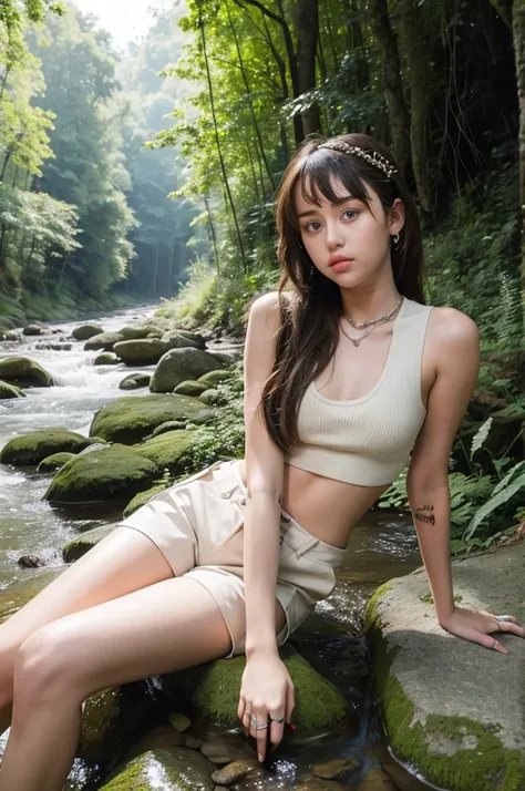 Miley Cyrus is beautiful, with long straight hair, wearing a cropped tank top and shorts, sitting seductively on the banks of streams, rocks, and forests.