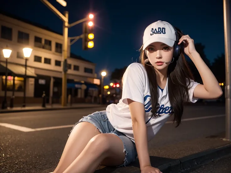 A beautiful girl，night，With a headset，Sitting under the streetlight，With a baseball cap