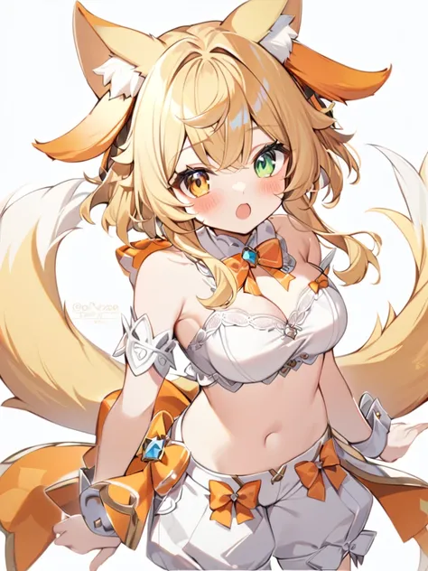 1girl, animal ears, bangs, bare shoulders, blonde hair, blush, bow, breasts, white cleavage, cropped torso, , green eyes, hair ribbon, heterochromia, , looking at viewer, open mouth, orange bow, orange eyes, orange ribbon, ears of an unusual animal, a real...