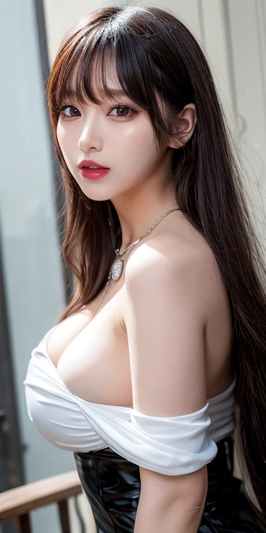 Canon RF 85mmf/1.2,masutepiece,Best Quality,超A high resolution,tu,1 girl,(Korean mixed,Kpop Idol:1.2),Solo,white_shiny_skin,Black eyes,Necklace,brown_long_Wavy_hair,Red lipstick bright_shiny_Lips,Eyelashes,Bangs,deal,make - up,shiny,Pore,skin texture,Brace...