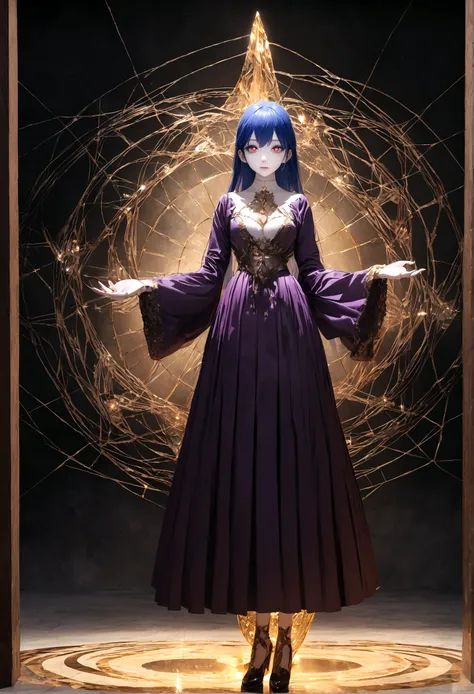 (woman(Magical girl, Purple long skirt, Long flowing blue hair, Red pupils, Pale skin, Indifferent face,Cold eyes，Magic elements gathered in hand，The magic element forms a vortex that surrounds),night，Blood Moon,quality(8K,Extremely detailed CG unit wallpa...