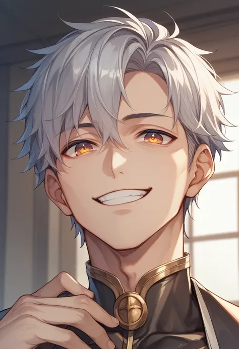 1 boy、highest quality, Tabletop, Beautiful Face、suit、Silver Hair、intelligent、short hair、whole body、(open your eyes) evil smiling、 front