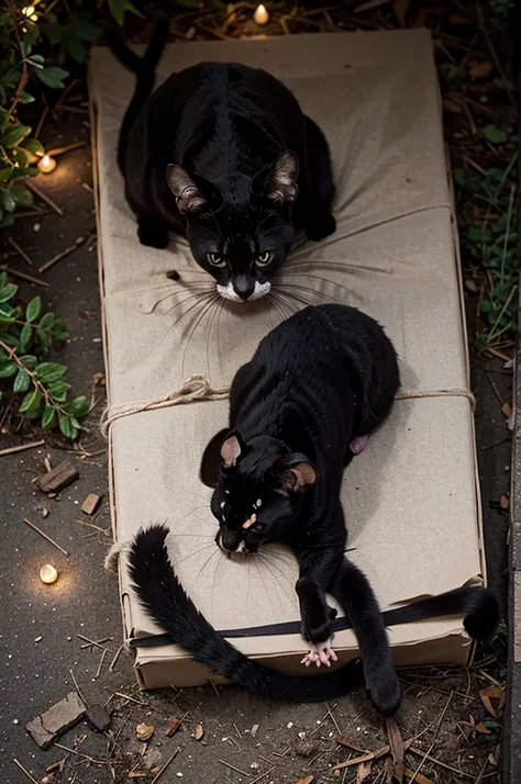 Black cat brings a lay witch a dead mouse it caught as a present 