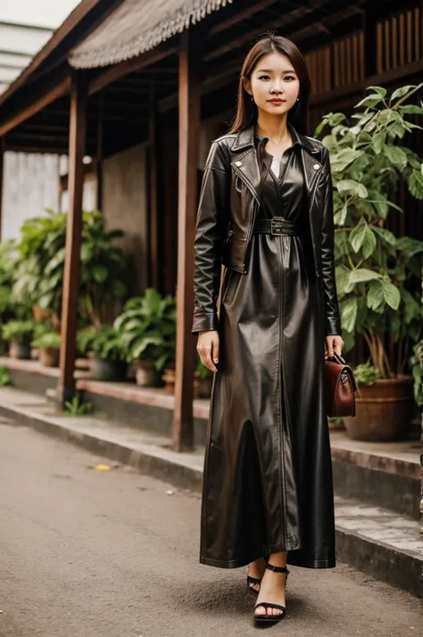 Thailand women wearing long dress with leather jacket 