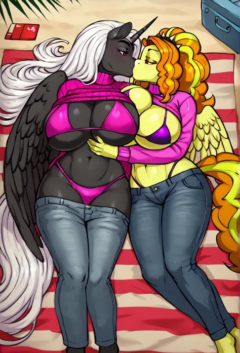  Alicorn princess female and Adagio Dazzle  , white mane, ,black body color  long flowing  mane pink  eyes anthro huge breasts kissing ,clothing ,jeans sweater lesbians sexy  beach bikini,laying on towel ,cuddle 