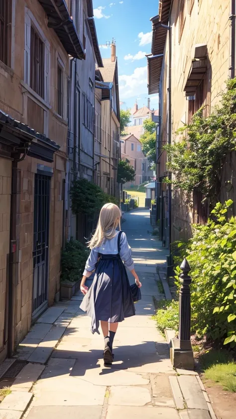 Picture a hand at the bottom end reaching for a woman in the middle of the picture some distance away facing the back with the school gate in the background