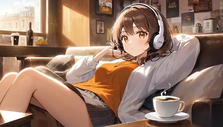 Girl wearing headphones,Drinking coffee from a mug while listening to jazz music,Brown Hair,relax