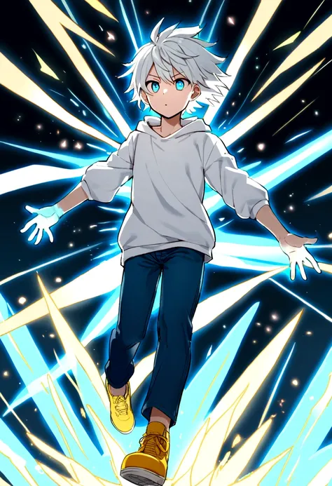 17 year old boy, with messy white hair, white sweatshirt, blue jeans , yellow shoe, blue colored eyes, electric powers