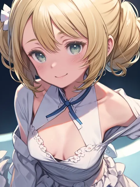 One Girl、Big Breastr Ellen Baker、Blonde、Green Eyes、hair tied up with a scrunchie、White shirt、Light blue suit、White ribbon on the chest、Watching the audience、Leaning forward、Upper Body、Smiling、Angle from below、