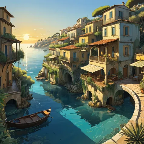 (by alejandro burdisio:1.2), coastal town dwelling in mediterranean biome, cel shaded art, 2d, flat color, toon shading, cel shaded style (golden hour:1.2), neo - expressionism, (ultra detailed, masterpiece, best quality, intricate details:1.4)