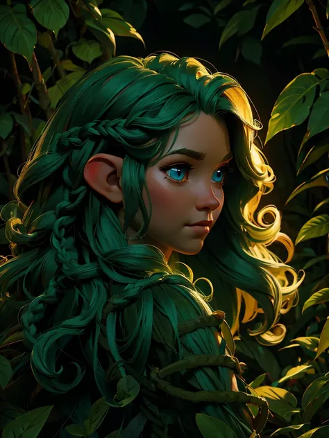 looking back elf girl portrait, curly two braid long hair, in a jungle, wearing elf dress, 8k, RAW photo, best quality, masterpiece, high detail RAW color photo, dramatic lighting, cinematic lighting, back light, professional lighting