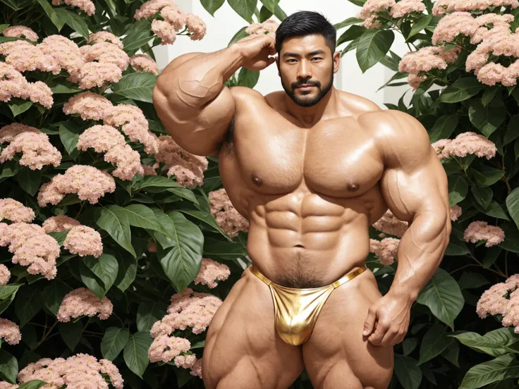 There is only one handsome Asian actor in the picture，30 years old，Tall and handsome, Toned body，short hair, O-Shaped Beard，Perfect body, Dark skin，Glowing skin，Smooth skin，The body is hairless，Muscle bulge, Muscular, Very large pectoral muscles，Very sexy ...