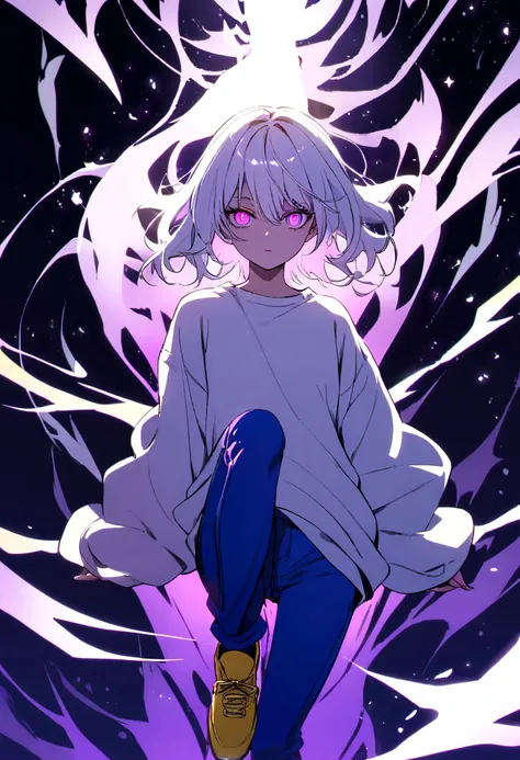 , with messy white hair, white sweatshirt. blue jeans , yellow shoe, purples eyes, purple psychic powers