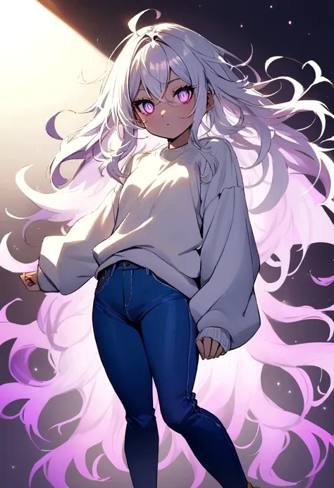 , with messy white hair, white sweatshirt. blue jeans , yellow shoe, purples eyes, purple psychic powers