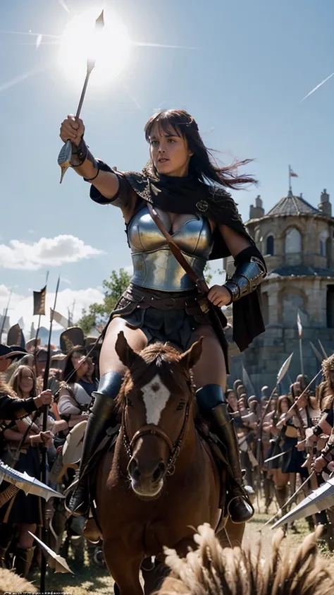 Image 1: Xena the warrior princess mounted on a majestic steed, leading her army into the fray, her cloak billowing behind her as she charges towards the enemy lines amidst a flurry of arrows and spears. crowded environment, battle field. no distortion, no...