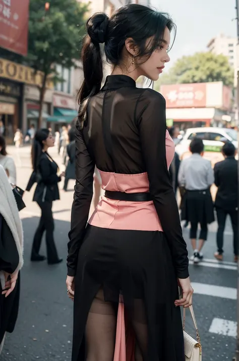 (((best quality))),(((ultra detailed))),(((masterpiece))),illustration,1girl,slim,sun-kissed skin,vibrant rose-pink cotton dress,short ponytail,pantyhose,standing, bustling city streets, honking cars,surrounded by crowded crowds, colorful advertisements,gr...