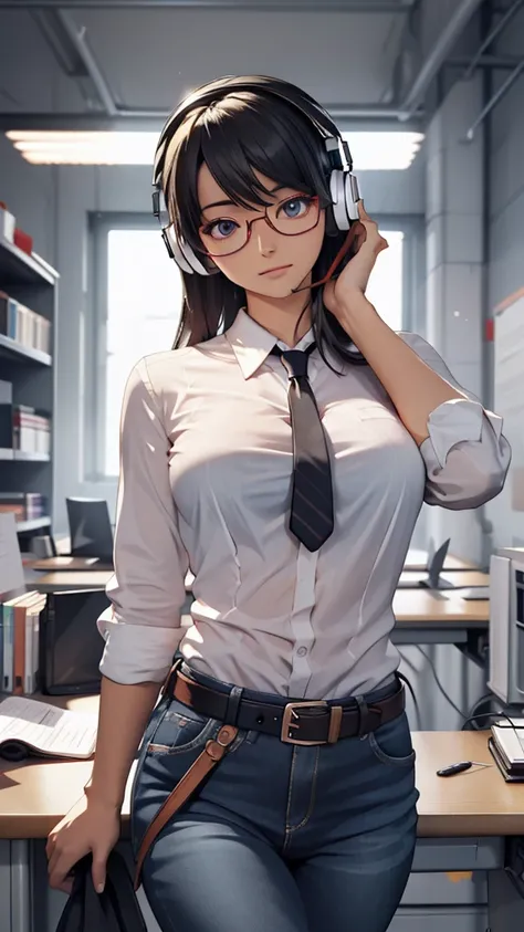 whole body, entire body, full body, total body, upright stance, erect posture, shoes, waist belt, 20-years-old beautiful office working female, (black rim glasses), (white headphones), black hair, date clothes, early summer costume, colorful costumes, inte...