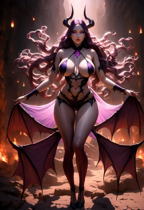 a sexy succubus, sensual lighting, realistic, sexy pose, full body, hell scene, 1girl, detailed eyes, detailed lips, long eyelashes, mesmerizing gaze, horns, wings, glowing skin, intricate demonic features, elegant curves, flowing hair, smoldering expressi...