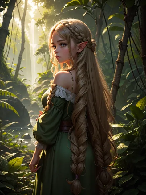 looking back elf girl portrait, curly two braid long hair, in a jungle, wearing elf dress, 8k, RAW photo, best quality, masterpiece, high detail RAW color photo, dramatic lighting, cinematic lighting, back light, professional lighting