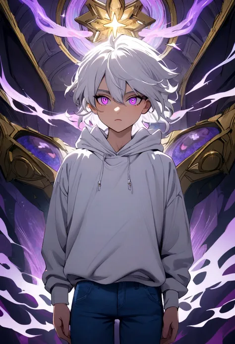 Youngh, 17 yr old,  with messy white hair, white sweatshirt. blue jeans , yellow shoe, purples eyes, purple psychic powers