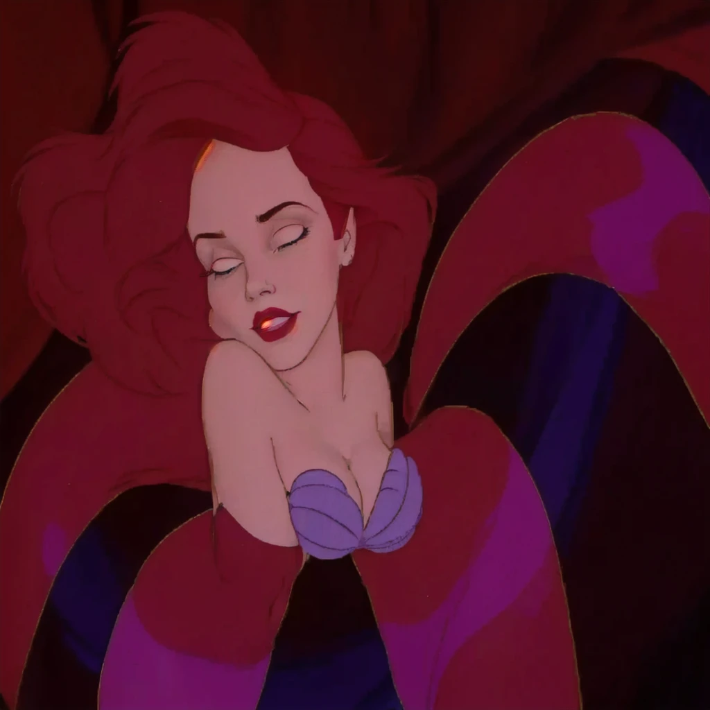 a close up of a cartoon character with a red hair, jessica rabbit, female disney villain, emma watson as jessica rabbit, megara, classic disney mood, the little mermaid, ariel the little mermaid, scales covering her chest, little mermaid, sleeping beauty, ...