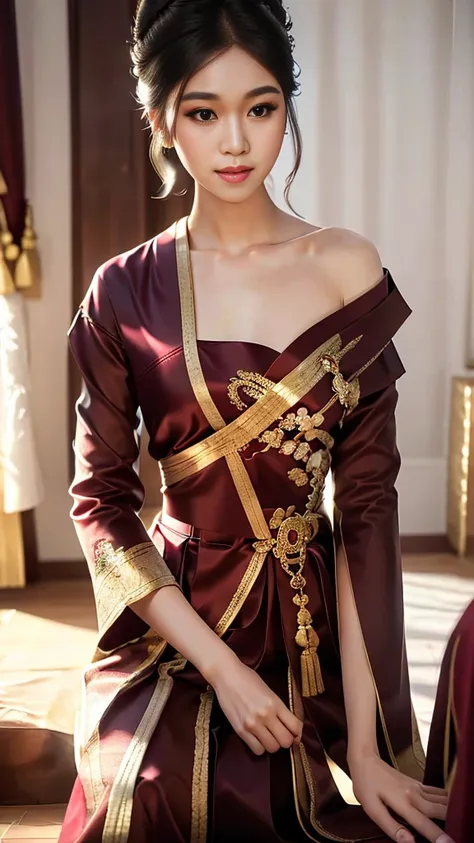 masterpiece, highest quality, HDR, high contrast, ((beautiful girl, Thai Female Soldier)), bun hair, highly detailed lips, detailed eyes, double eyelid, Make-up face. ((flchut thai dresses, strapless shirts)), just showing his face. pretty face. captivatin...