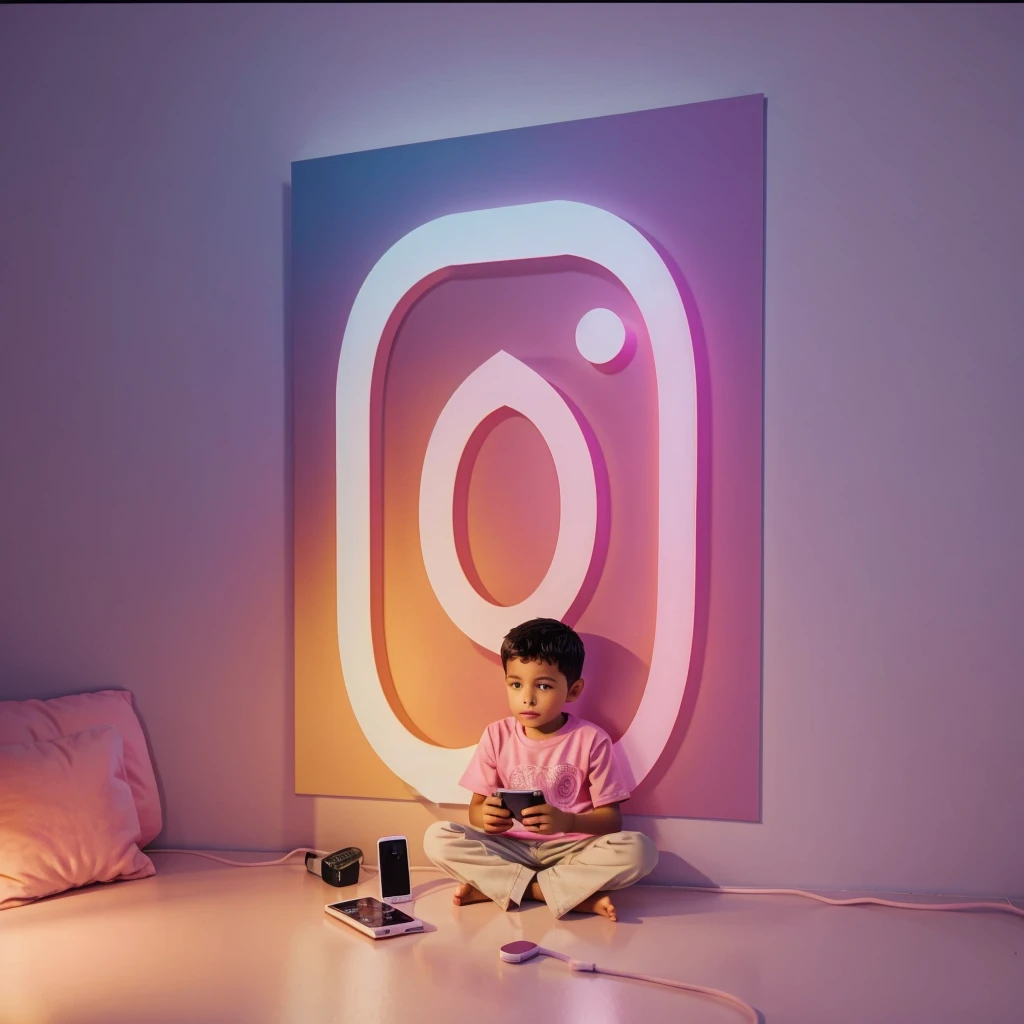 Muslim boy, sat on a call, watch mobile phone,a 3d Instagram logo printed on wall,room light pink 