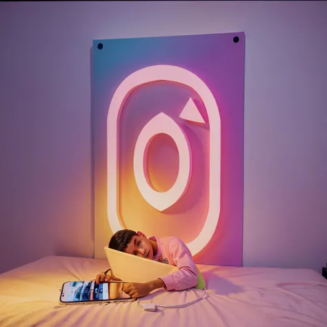 Muslim boy, sat on a call, watch mobile phone,a 3d Instagram logo printed on wall,room light pink 