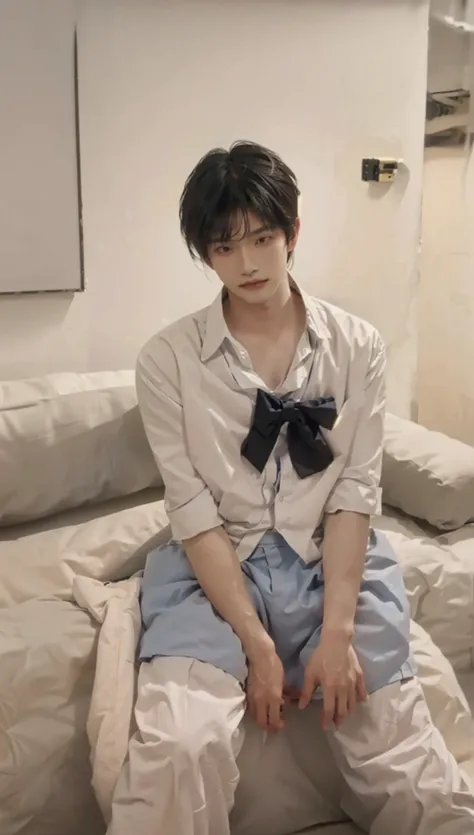 there is a woman sitting on a couch with a bow tie, cai xukun, yanjun chengt, male ulzzang, inspired by Zhang Han, inspired by Bian Shoumin, south korean male, delicate androgynous prince, sakimichan, sha xi, extremely handsome, sitting on the bed, sitting...