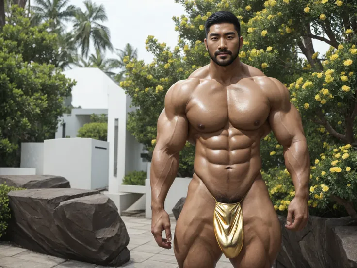 There is only one handsome Asian actor in the picture，30 years old，Tall and handsome, Toned body，short hair, O-Shaped Beard，Perfect body, Dark skin，Glowing skin，Smooth skin，The body is hairless，Muscle bulge, Muscular, Very large pectoral muscles，Very sexy ...