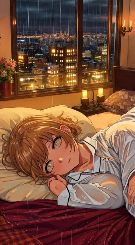 highres, 4k, best quality, masterpiece, shiny skin, nsfw, woman, thick thighs, laying down, big sized breasts, wearing tight pyjamas, a woman inside a room with an arafed view of a city from a bedroom with a bed and a window, rooftop romantic, rainy evenin...