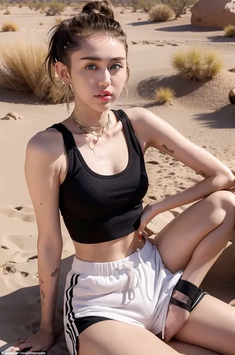 Miley Cyrus, personality, hair tied in a high ponytail, wearing a cropped tank top and shorts, sitting and posing seductively in the desert