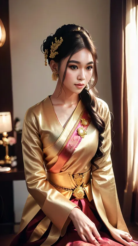 masterpiece, highest quality, HDR, high contrast, ((beautiful girl, Thai Female Soldier)), bun hair, highly detailed lips, detailed eyes, double eyelid, Make-up face. ((flchut thai dresses, strapless shirts)), just showing his face. pretty face. captivatin...