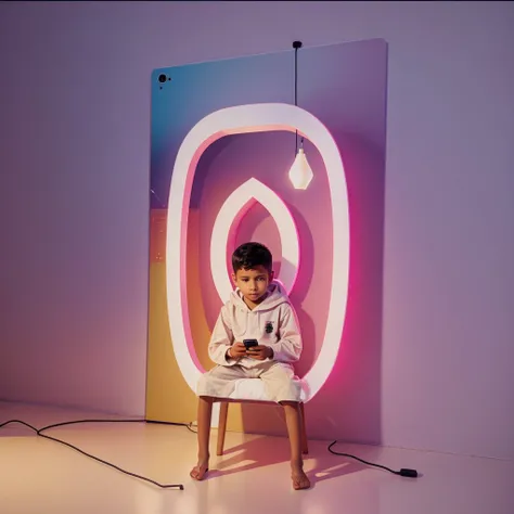 A Muslim boy, sat on a chair 🪑watch mobile phone,a 3d Instagram logo printed on wall, light pink LED 