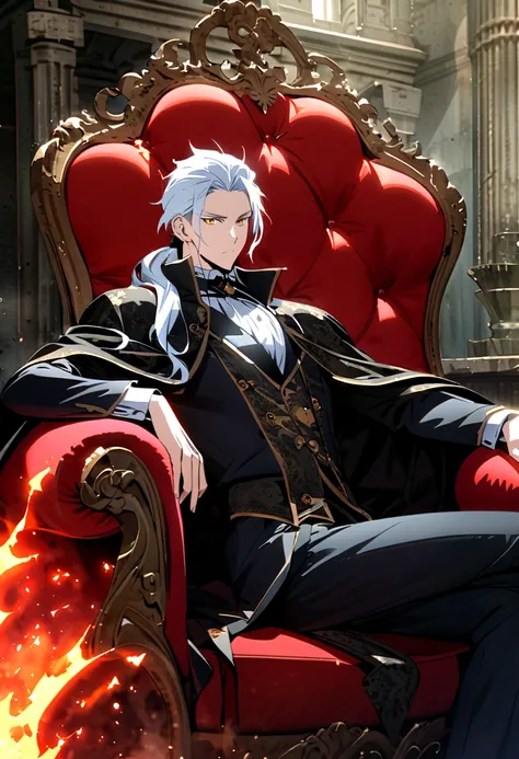 Japanese anime, Handsome young man, White hair, long hair, low ponytail, yellow eyes, Cape Dracula, sitting in a luxurious red and black chair, The Abandoned Palace,