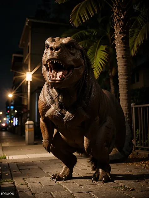 Trex&#39;s face, in front of the dragon there is a beautiful Asian woman, who is soaking while drinking coffee, Trex looked at the woman full of emotion, A lot of saliva came out of Trex&#39;s mouth, in hot springs, Realistic, HD, 8k, bokeh, telephoto came...